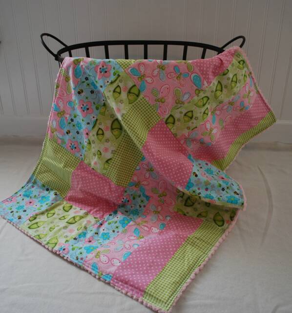 Butterfly & Flower Baby Girl Blanket - Pink, Blue Green Blanket, Nursery Decor, Shower Gift, Patchwork Blanket - image 1
