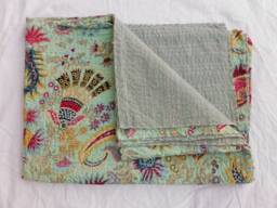 Handmade Indian Kantha Quilt Floral Print Cotton Bedspread Throw - thumbnail 1