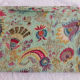 Handmade Indian Kantha Quilt Floral Print Cotton Bedspread Throw - thumbnail 2