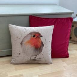 Christmas Robin Print Cushion Cover Beige Linen Look, Country Home Decor - thumbnail 3