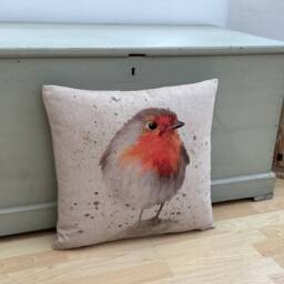 Christmas Robin Print Cushion Cover Beige Linen Look, Country Home Decor - thumbnail 2