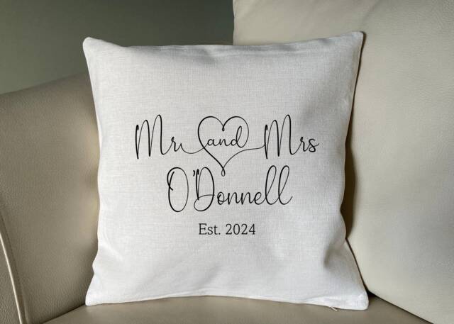Personalised Cushion Mr & Mrs, & Etc./Wedding Cover Only Or With Insert 40cm X Cream Linen White Velvet - image 1