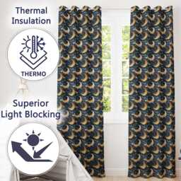 Golden Crescent Moon Ocean Waves Night Seamless Pattern Readymade Eyelet Ring Top Thermal 100% Blackout Curtains - thumbnail 3