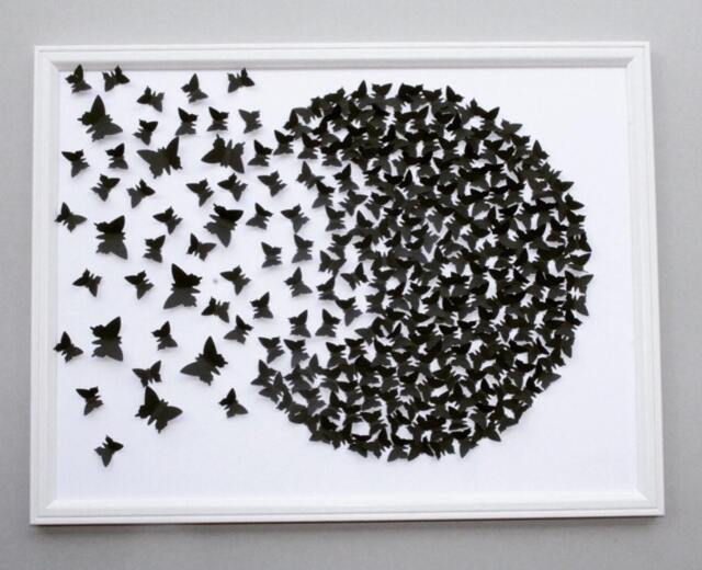 Black & White Butterflies Painting, Wall Art, 3D Paper Art, Handmade D??cor, Home Decoration, Butterflies' White/Black Circle - image 1