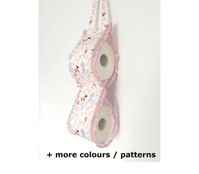 Fabric Toilet Paper Roll Holder Spare Bathroom Storage Shabby Chic Pale Blue Pink Yellow Green Floral White Lace - image 1