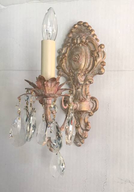 Custom Victorian Style Single Light Electric Wall Light Sconce Shabby Chic Style, Pink, Cream, Gold Finish Clear Crystals Solid Brass - image 1