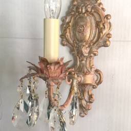 Custom Victorian Style Single Light Electric Wall Light Sconce Shabby Chic Style, Pink, Cream, Gold Finish Clear Crystals Solid Brass - thumbnail 2