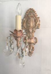 Custom Victorian Style Single Light Electric Wall Light Sconce Shabby Chic Style, Pink, Cream, Gold Finish Clear Crystals Solid Brass - thumbnail 1
