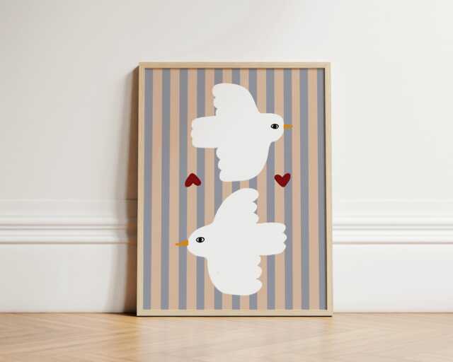 Doves Print, Eclectic Illustration Art, Bedroom Animal Illustration, Nursery Wall Nursery, Kids Room, Unframed - image 1