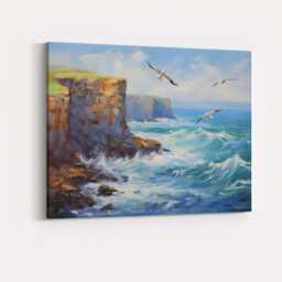 Sunny Coastal Cliffs Seagulls Ocean Breeze Seascape Canvas Wall Art Print Decor Picture Ready To Hang - thumbnail 4