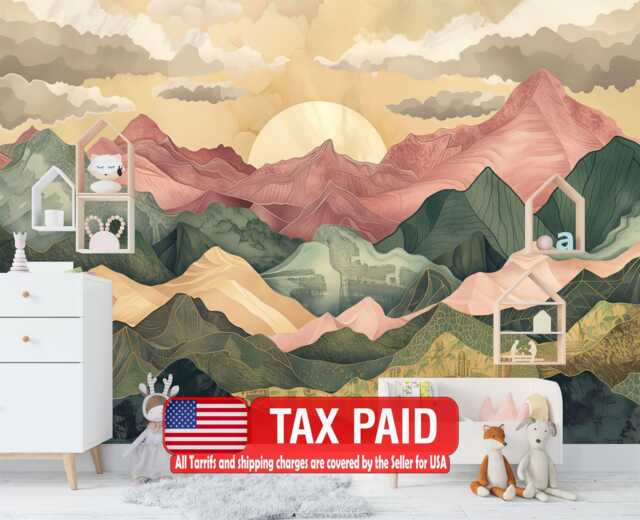 Wallpaper, Pastel Mountains Sunset Mural, Modern Nursery Decor, Removable Wall Decal - image 1