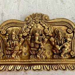 Large Brass Lord Ganesha, Maa Lakshmi & Maa Saraswathi Wall Hanging With Peacocks, Majestic Three Hindu Gods Home Temple Mandir Decor - thumbnail 3