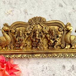 Large Brass Lord Ganesha, Maa Lakshmi & Maa Saraswathi Wall Hanging With Peacocks, Majestic Three Hindu Gods Home Temple Mandir Decor - thumbnail 2