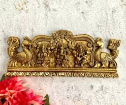 Large Brass Lord Ganesha, Maa Lakshmi & Maa Saraswathi Wall Hanging With Peacocks, Majestic Three Hindu Gods Home Temple Mandir Decor - thumbnail 1