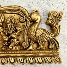 Large Brass Lord Ganesha, Maa Lakshmi & Maa Saraswathi Wall Hanging With Peacocks, Majestic Three Hindu Gods Home Temple Mandir Decor - thumbnail 4