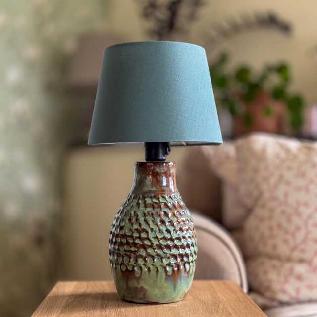 Handmade Ceramic Table Lamp - Green-Brown Textured Glaze Nature-Inspired Bedside Light With Cotton Shade - image 1