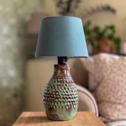 Handmade Ceramic Table Lamp - Green-Brown Textured Glaze Nature-Inspired Bedside Light With Cotton Shade