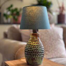 Handmade Ceramic Table Lamp - Green-Brown Textured Glaze Nature-Inspired Bedside Light With Cotton Shade - thumbnail 2
