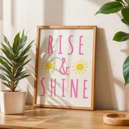 Rise & Shine Pink Wall Art, Cute Sunshine Print, Positive Morning Quote, Kids Room Decor, Above Bed Poster, Happy Poster - thumbnail 3