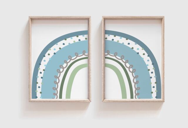 Set Of 2 Boys Nursery Prints, Blue Green, Rainbow Decor, Wall Art, Playroom, Art - image 1