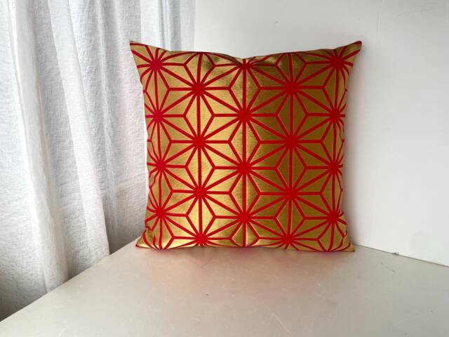 Golden Red Brocade Pillow Case, Japanese Obi Brocade, Sofa Bedding, Japan Throw Kimono Cushion, & Gold Decor Cover - image 1