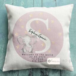 Personalised New Baby Girl Boy Pink Grey Elephant Animals Design Home Quote Linen Style Cushion - Newborn Birth - thumbnail 1
