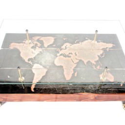 Distressed World Map Coffee Table, Teak Stained Wood, Glass Top, Antique Brass Feet - thumbnail 4