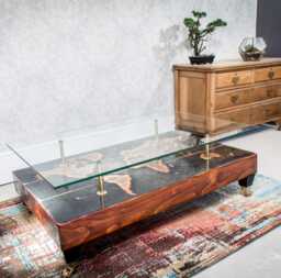 Distressed World Map Coffee Table, Teak Stained Wood, Glass Top, Antique Brass Feet - thumbnail 1