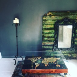 Distressed World Map Coffee Table, Teak Stained Wood, Glass Top, Antique Brass Feet - thumbnail 2