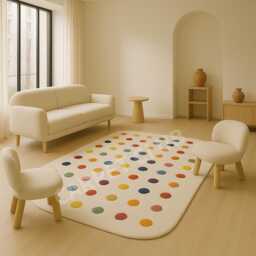 Rainbow Dots Wool Rug - Modern Playful Minimalist Carpet For Living Room & Kids - thumbnail 1