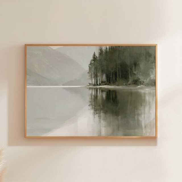 Misty Lake Landscape Poster, Pine Forest Paper Wall Art - image 1