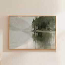 Misty Lake Landscape Poster, Pine Forest Paper Wall Art - thumbnail 1