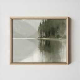 Misty Lake Landscape Poster, Pine Forest Paper Wall Art - thumbnail 4