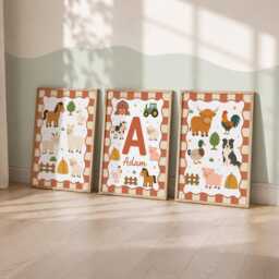 Personalised Farmyard Prints - Set Of 3 Farm Animal Wall Art, Custom Kids Bedroom Decor