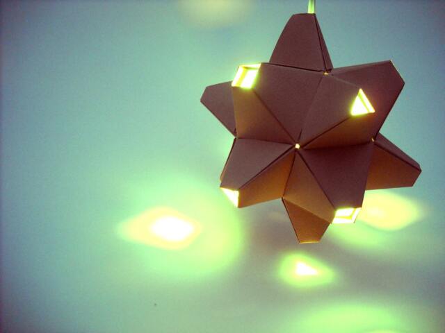 Paper Origami Lamp. Tan & Aqua. 48 Sides. - Polyhedra Luminaria Series