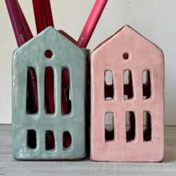 Handbuilt Ceramic Pencil Holder - Pink Terracotta Desk Organizer - thumbnail 2