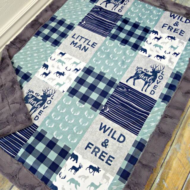 Mountain Blanket - Little Man Baby Blue Plaid Deer Buck Minky Boy - image 1