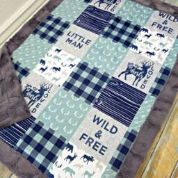 Mountain Blanket - Little Man Baby Blue Plaid Deer Buck Minky Boy - thumbnail 1