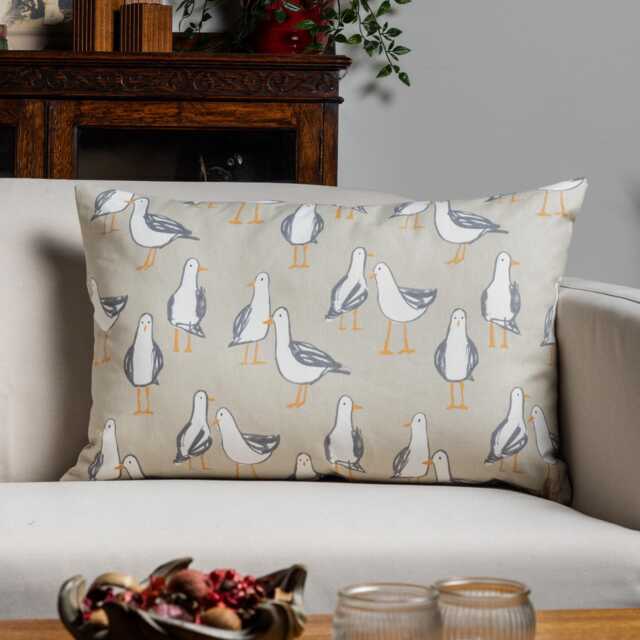 Seagull Xl Rectangular Cushion in Taupe. Natural Beige, 100% Cotton Cloth, Marine Sea Birds Design. 23X15 - image 1