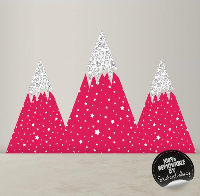 Pink Mountains Wall Decal, Stars Pattern, Removable, Landscape Decor For Kids Room, Nurseries, Peel & Stick #62 - image 1