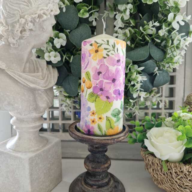 Vibrant Yellow, Purple & Lilac Floral Wax Or Flameless Pillar Candles - image 1