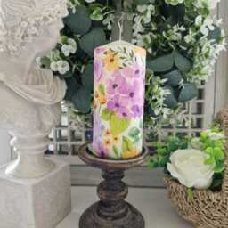 Vibrant Yellow, Purple & Lilac Floral Wax Or Flameless Pillar Candles - thumbnail 3