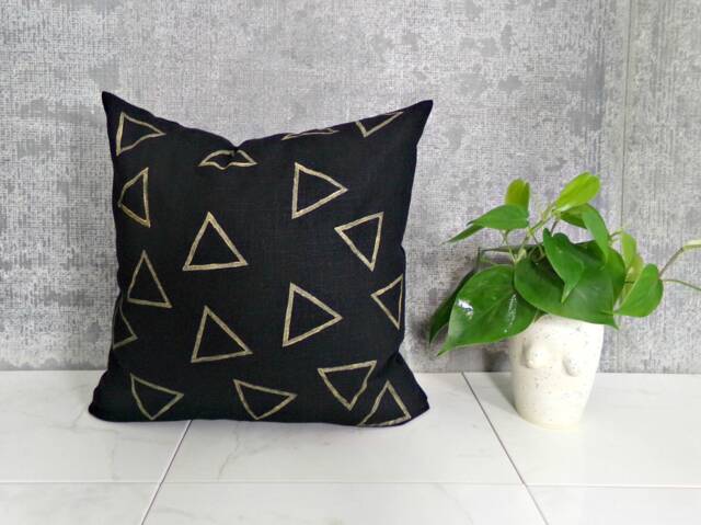 Black Linen Pillow Cover With Beige Triangle Design/Gold Geometric Natural Outlines Block Printed Textile Shapes Dark - image 1