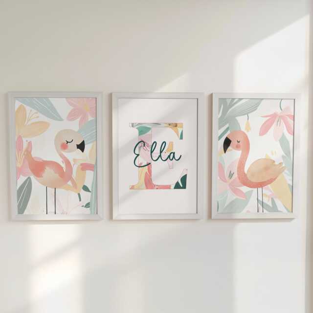 Tropical Flamingo Girls Nursery Prints, Set Of 3 Personalised Kids Decor Wall Art, Optional Frame, Customised Bedroom Playroom Posters - image 1