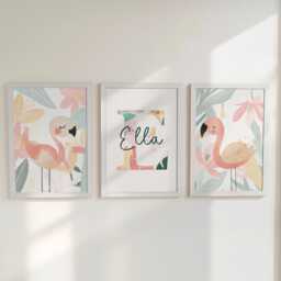 Tropical Flamingo Girls Nursery Prints, Set Of 3 Personalised Kids Decor Wall Art, Optional Frame, Customised Bedroom Playroom Posters - thumbnail 1