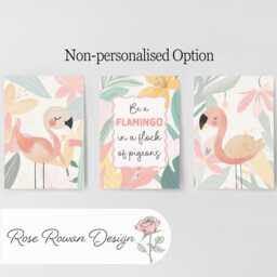 Tropical Flamingo Girls Nursery Prints, Set Of 3 Personalised Kids Decor Wall Art, Optional Frame, Customised Bedroom Playroom Posters - thumbnail 2