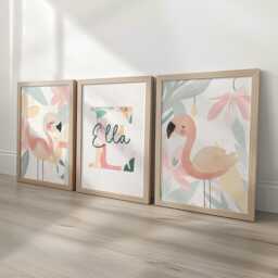 Tropical Flamingo Girls Nursery Prints, Set Of 3 Personalised Kids Decor Wall Art, Optional Frame, Customised Bedroom Playroom Posters - thumbnail 3