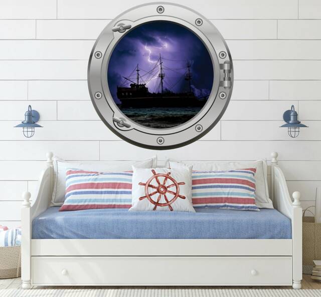 Large Pirate Ship Night Sea Ocean Port Hole Silver Or Gold Porthole Round Gloss Cut Wall Sticker Decal Adhesive - image 1