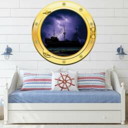 Large Pirate Ship Night Sea Ocean Port Hole Silver Or Gold Porthole Round Gloss Cut Wall Sticker Decal Adhesive - thumbnail 2