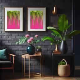 Hot Pink Tropical Hanging Botanical Wall Art Set Of 2 - Vibrant Maximalist Jungle Vine Print - thumbnail 2